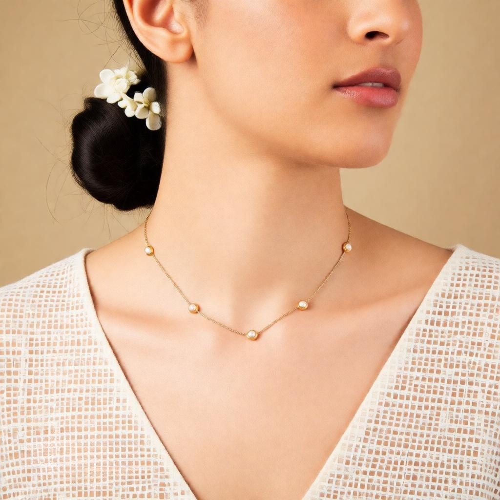 Elegant Minimal Pearl Gold Chain Necklace for Women | Delicate Pearl Station Necklace