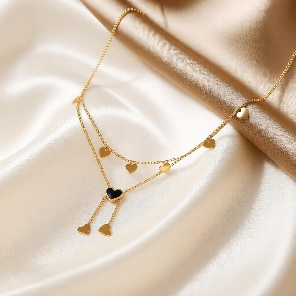 Romantic Multi-Heart Layered Chain for Women | Gold & Black Heart Charm Necklace