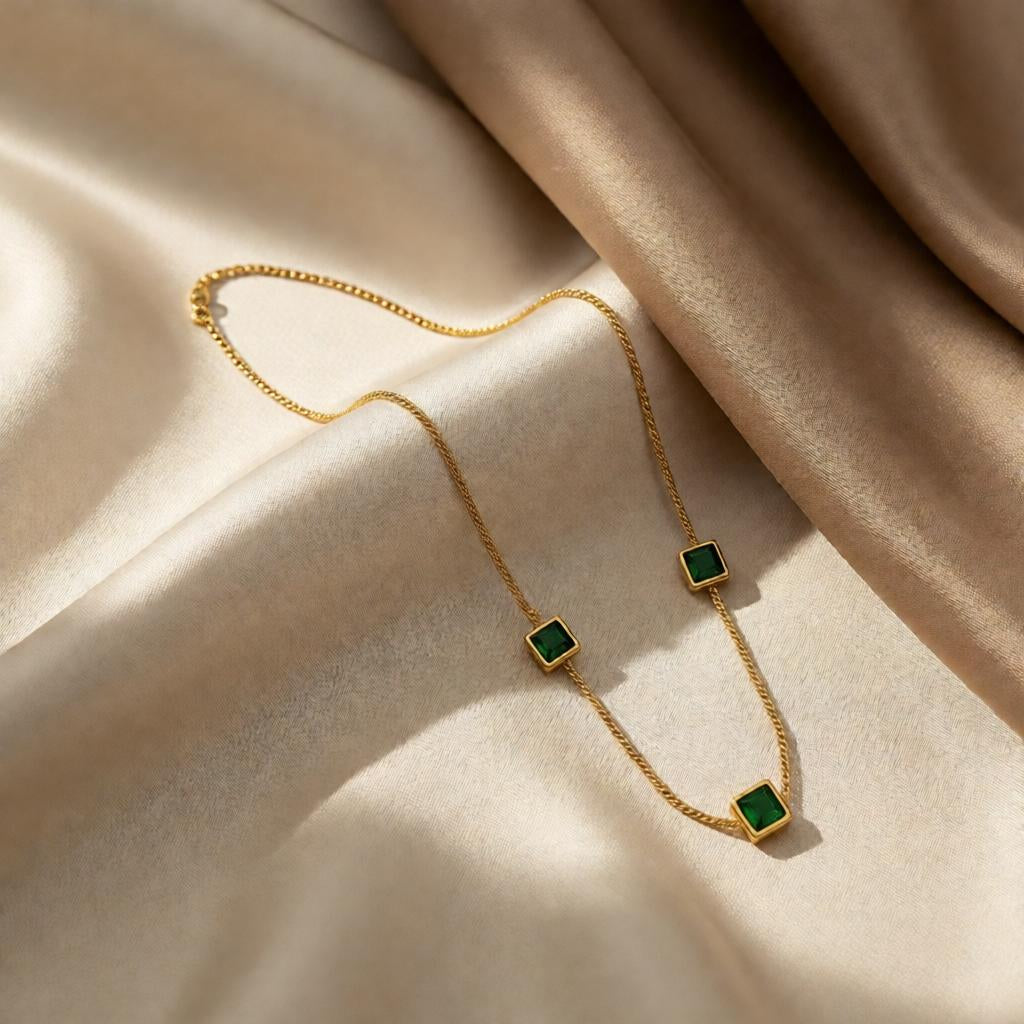 Elegant Green Stone Gold Chain Necklace for Women | Minimal Square Emerald Style Necklace